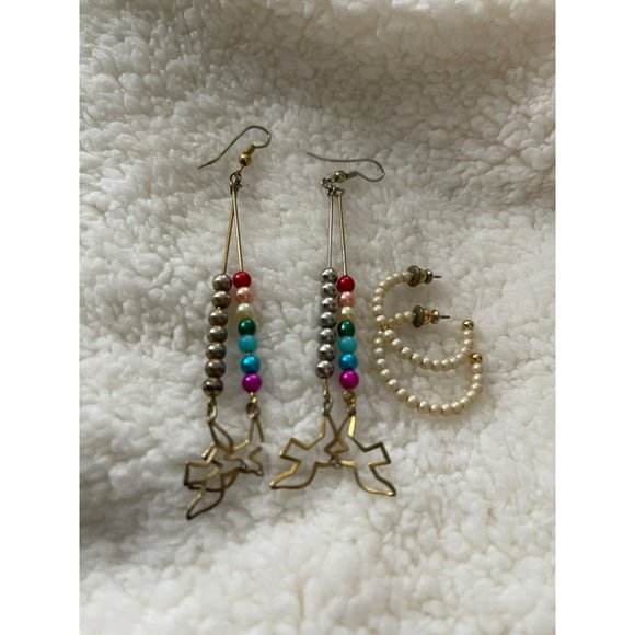Vintage Silver Tone Beaded Dangle Bird Earrings & Semi Hoop Cream Bead Earrings - Picture 1 of 10
